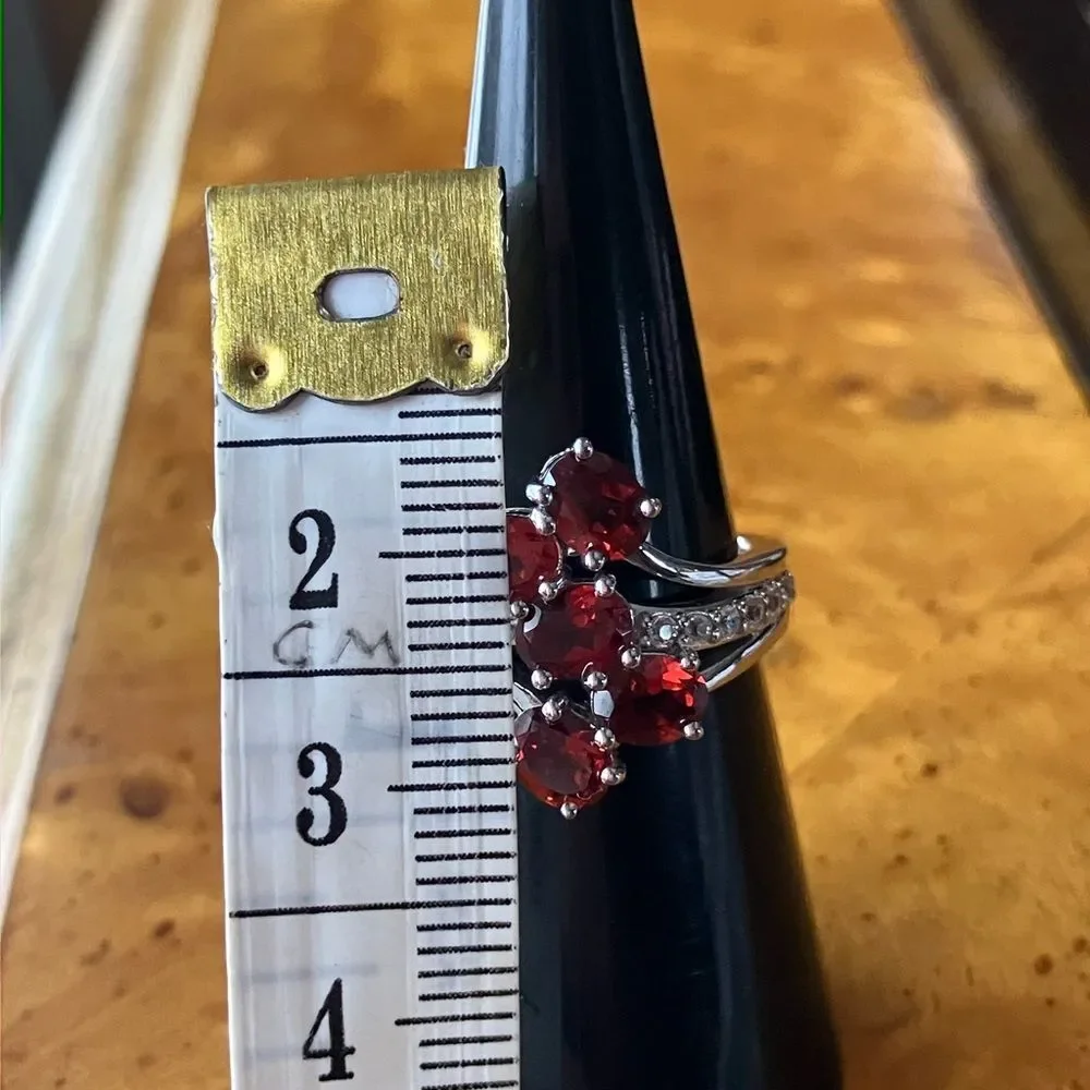 Natural Red Garnet Sterling Silver Cluster Ring Size 6